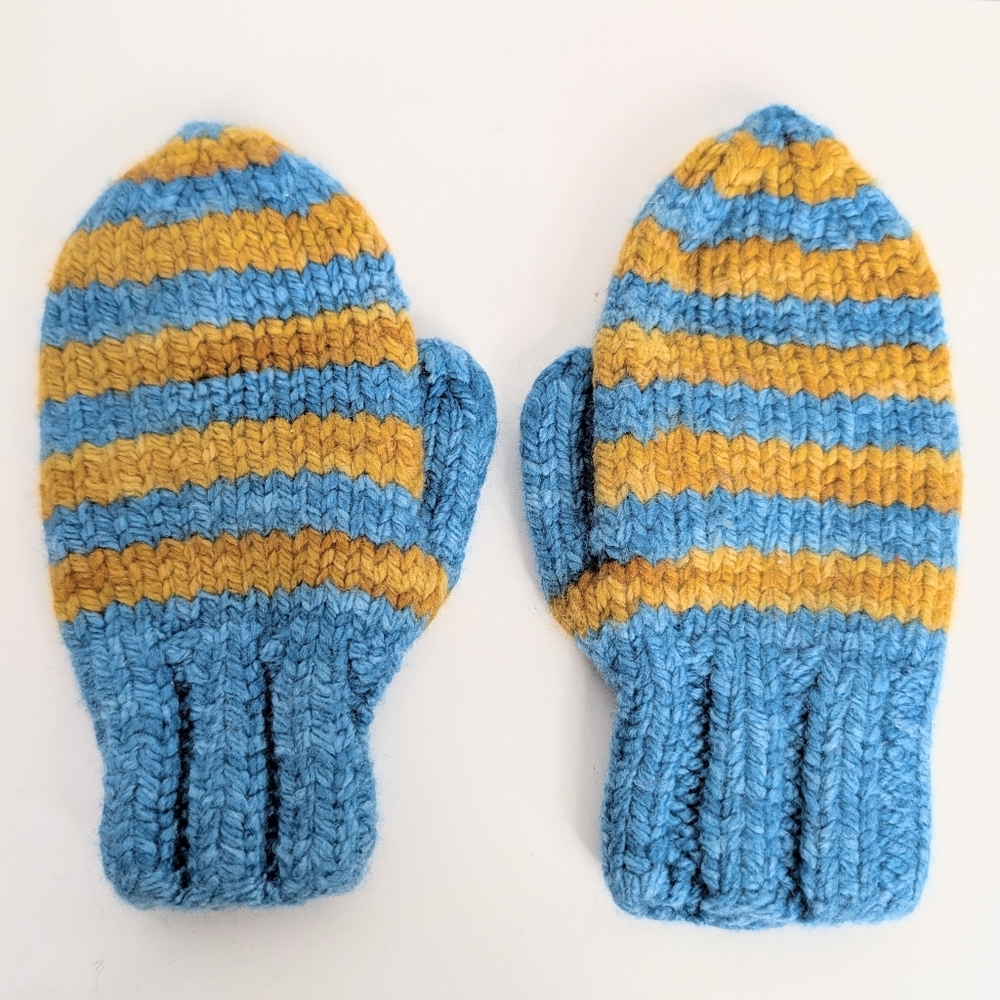 Hand Knitted Mittens Small Kid's Size Blue and Gold